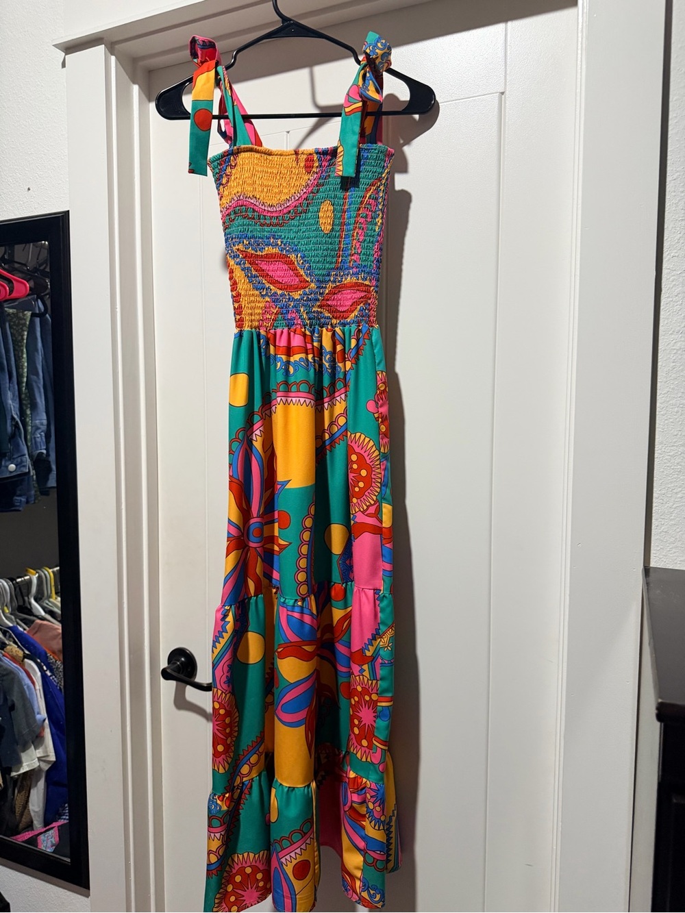 Colorblock Tie-Shoulder Maxi Dress in Teal, Pink & Yellow